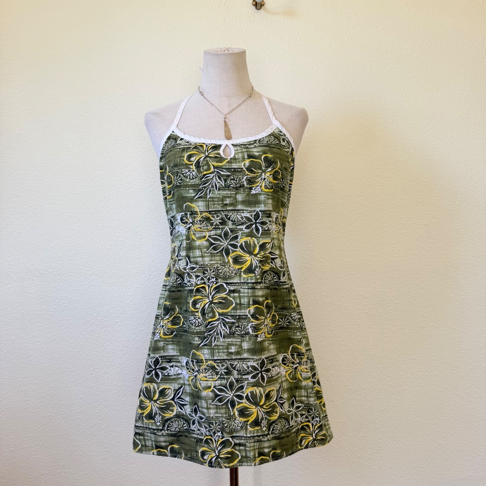 Sideout Y2K Hawaiian Halter Mini Dress Olive Green‎ Tropical Floral Size 11